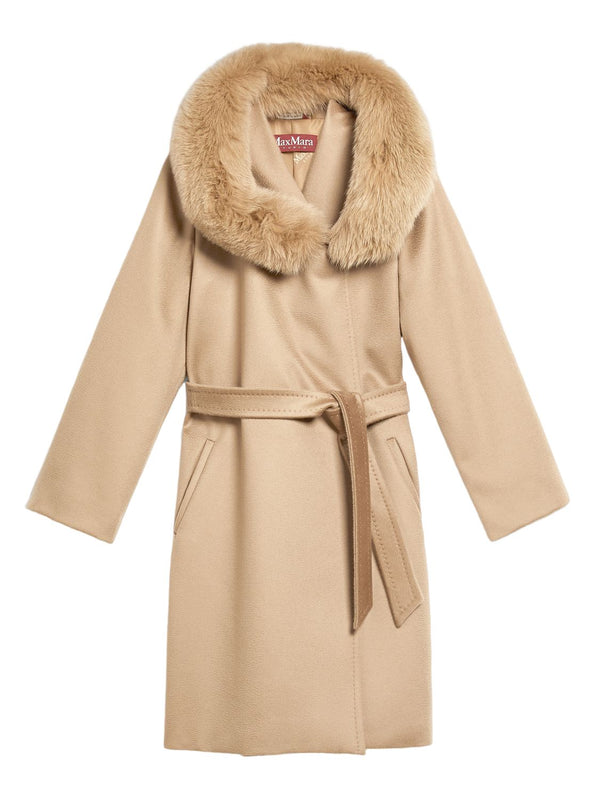 Studio Mango Fur Insert Hooded Wool Coat Beige